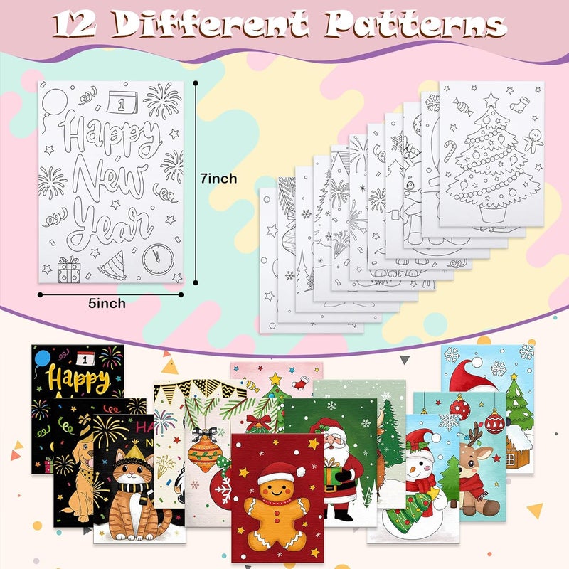 Anseal 12 Packs Christmas Pre Drawn Canvas to Paint, 5" X 7" Pre Printed Canvas for Kids, Pre Stretched Canvas Outline Painting Boards for Beginners, Students, Party Favor - Image 2